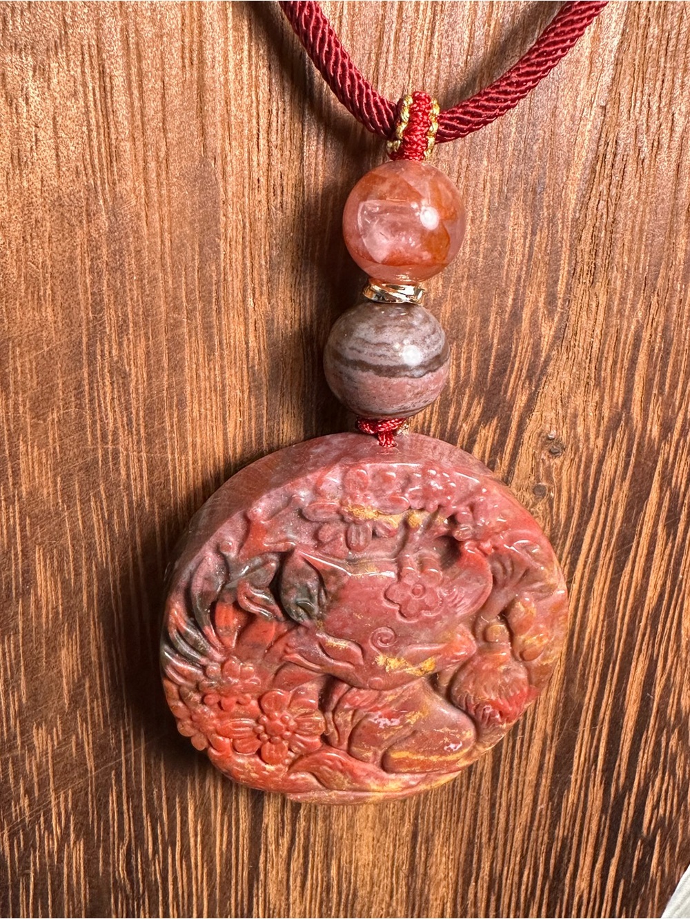Maroon Ocean Jasper Fox Pendant Necklace with Amethyst on Adjustable Rope - Picture 8 of 13